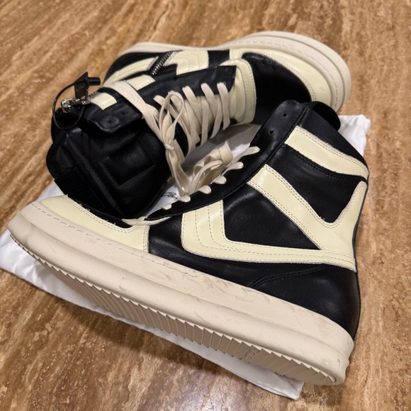 Rick Owens Black and Cream High-Top Sneakers - Picture 6 of 9
